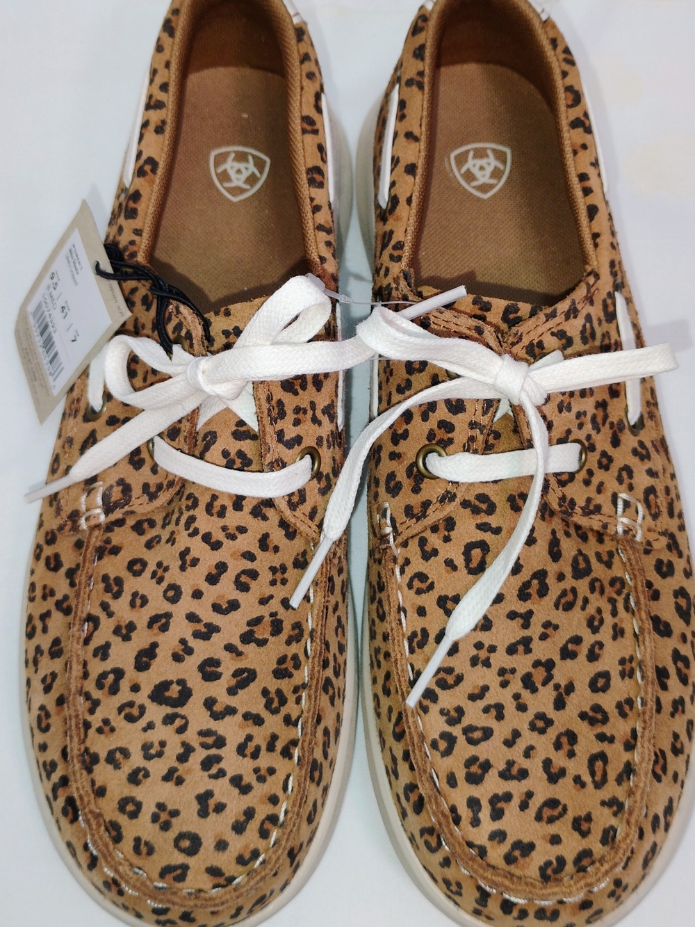 Ariat Leopard Print Moccasin Boat Shoes with White Laces 9.5